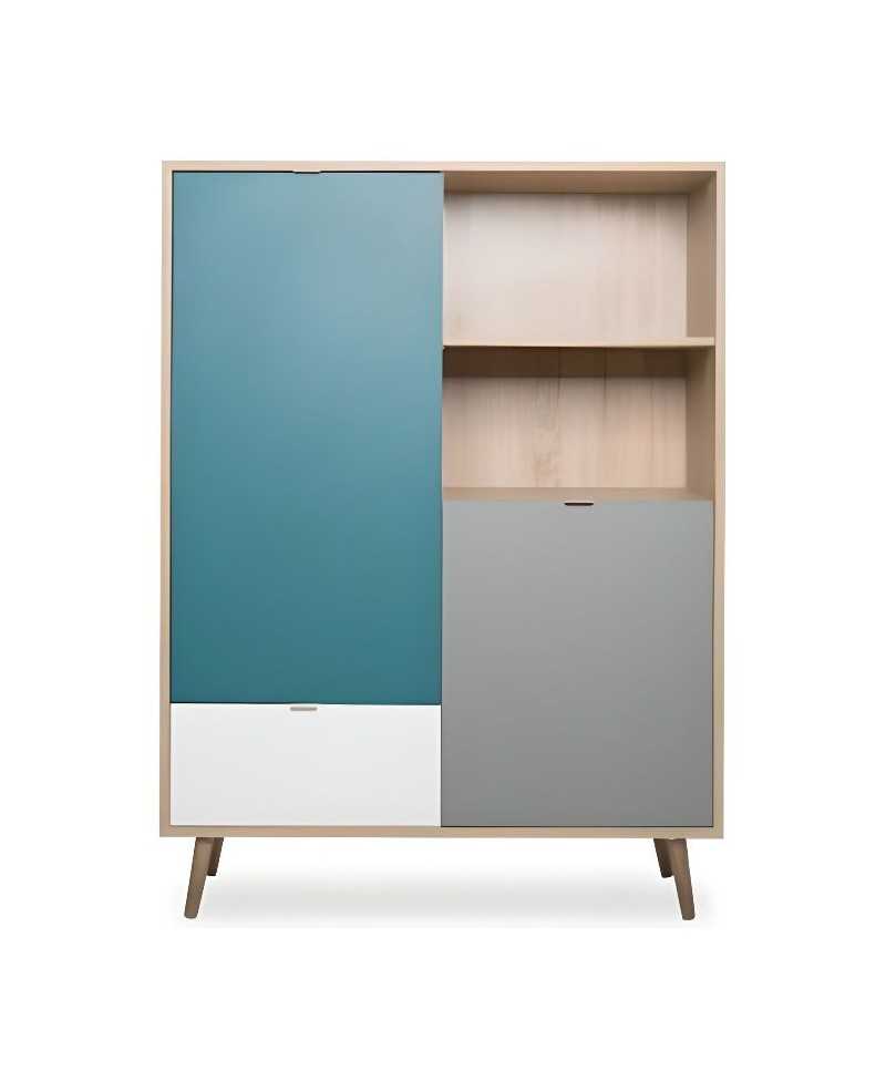 Buffet haut - Chene Sonoma, blanc, gris et bleu - Style scandinave - CUBA - L 103 x P 40 x H 139 cm