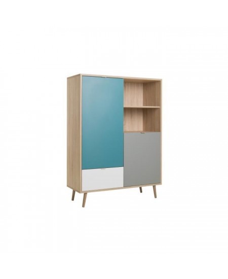 Buffet haut - Chene Sonoma, blanc, gris et bleu - Style scandinave - CUBA - L 103 x P 40 x H 139 cm