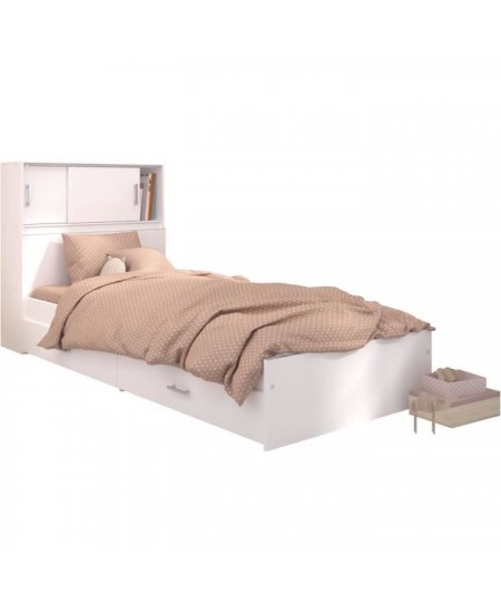 Lit junior SCOOP 90x200 cm - 2 tiroirs - Adaptable en 190 cm - Décor blanc - L 98 x H 67 x P 203 cm - PARISOT