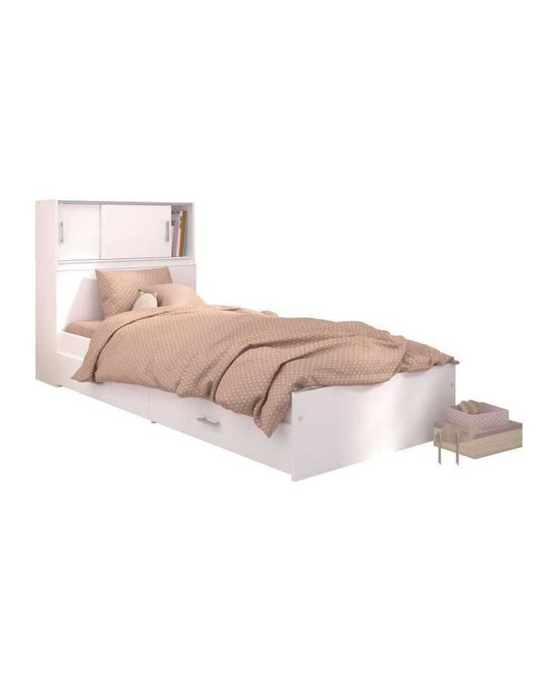 Lit junior SCOOP 90x200 cm - 2 tiroirs - Adaptable en 190 cm - Décor blanc - L 98 x H 67 x P 203 cm - PARISOT