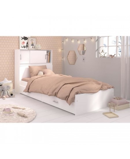 Lit junior SCOOP 90x200 cm - 2 tiroirs - Adaptable en 190 cm - Décor blanc - L 98 x H 67 x P 203 cm - PARISOT