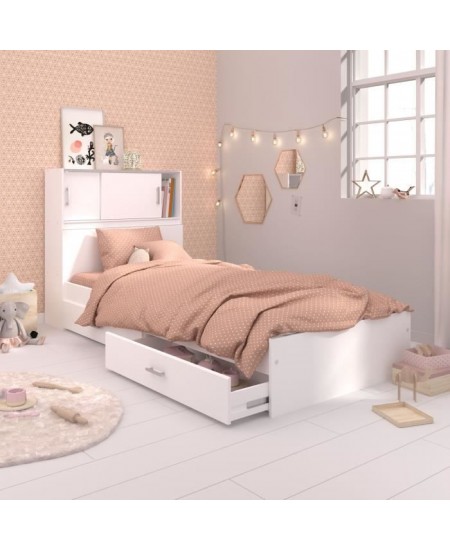 Lit junior SCOOP 90x200 cm - 2 tiroirs - Adaptable en 190 cm - Décor blanc - L 98 x H 67 x P 203 cm - PARISOT