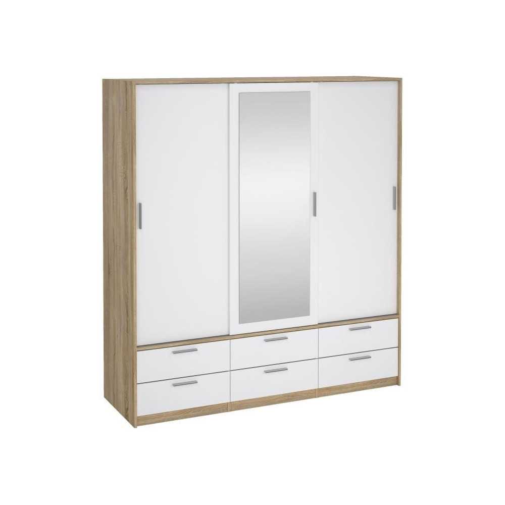 Armoire de chambre - ONTARIO - Blanc brillant / Chene - 3 portes - 6 t