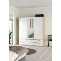 Armoire de chambre - ONTARIO - Blanc brillant / Chene - 3 portes - 6 t