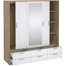 Armoire de chambre - ONTARIO - Blanc brillant / Chene - 3 portes - 6 t