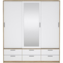 Armoire de chambre - ONTARIO - Blanc brillant / Chene - 3 portes - 6 t