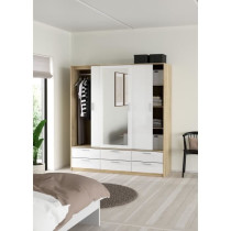 Armoire de chambre - ONTARIO - Blanc brillant / Chene - 3 portes - 6 t