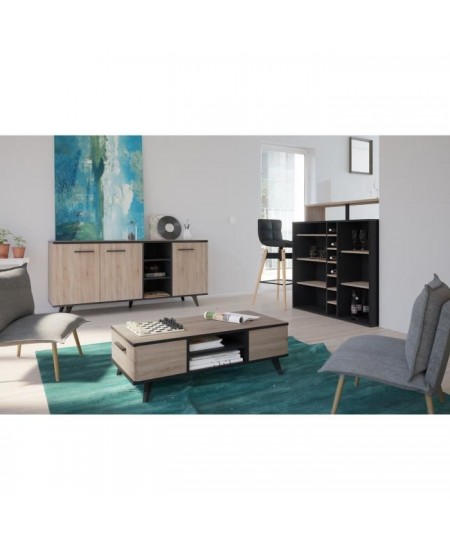 Buffet bas - Décor chene brossé et noir mat - Contemporain - WAYNE - L 160,7 cm