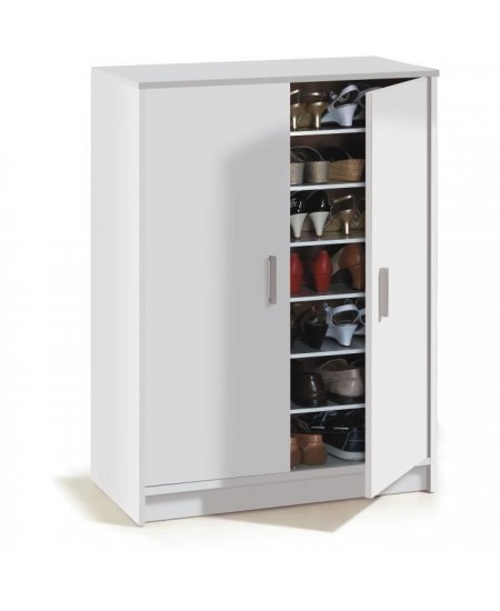 Meuble a chaussures armoire BASIC - 2 portes + 6 étageres - Mélaminé blanc - 30 paires - L75 x P36 x H101 cm