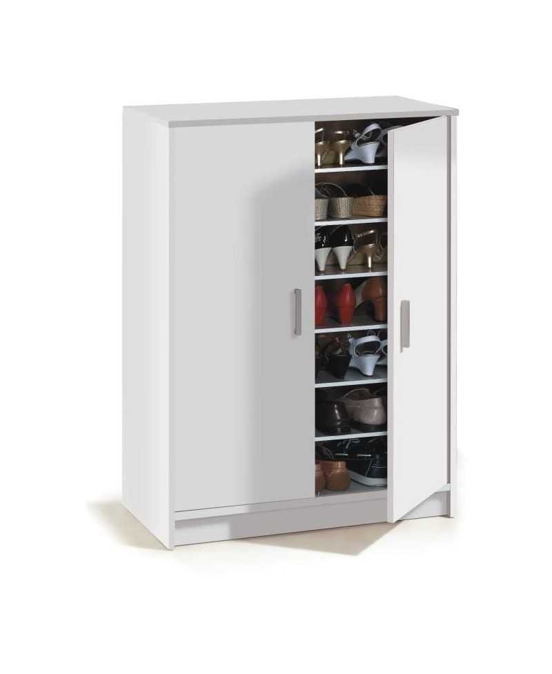 Meuble a chaussures armoire BASIC - 2 portes + 6 étageres - Mélaminé blanc - 30 paires - L75 x P36 x H101 cm