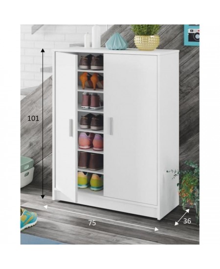 Meuble a chaussures armoire BASIC - 2 portes + 6 étageres - Mélaminé blanc - 30 paires - L75 x P36 x H101 cm