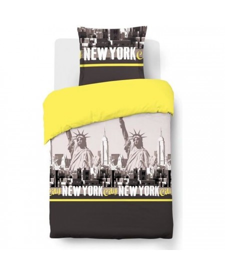 VISION Parure de couette New York - 100% coton - 1 housse de couette 140 x 200 cm + 1 taie d'oreiller 65 x 65 cm - Jaune et Gris