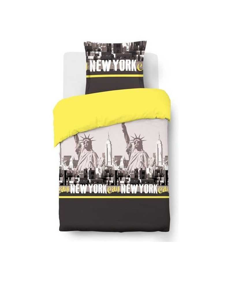 VISION Parure de couette New York - 100% coton - 1 housse de couette 140 x 200 cm + 1 taie d'oreiller 65 x 65 cm - Jaune et Gris