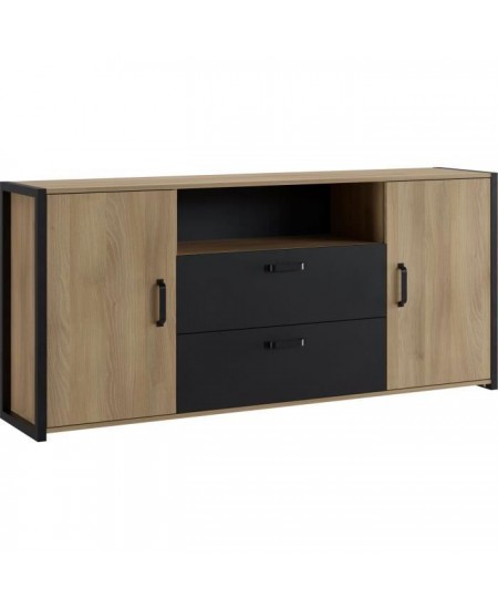 Buffet Mélaminé chene et noir - style industriel - L 180x40 x 84 cm