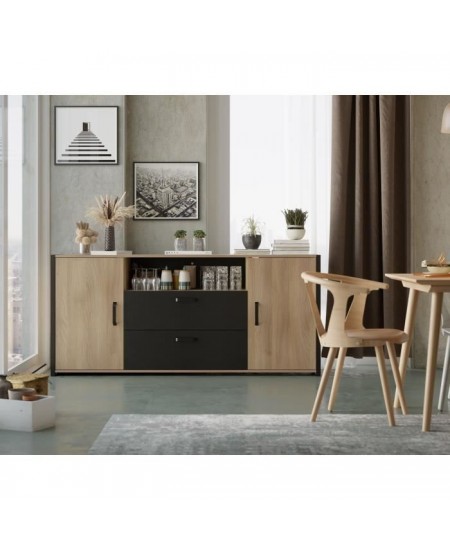 Buffet Mélaminé chene et noir - style industriel - L 180x40 x 84 cm