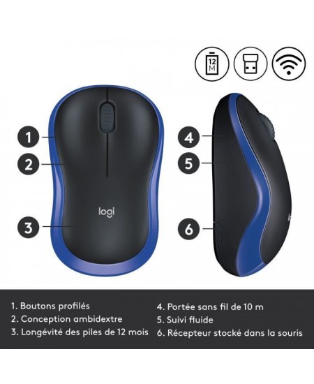 Souris sans fil - Logitech - M185 - Optique - Bleu