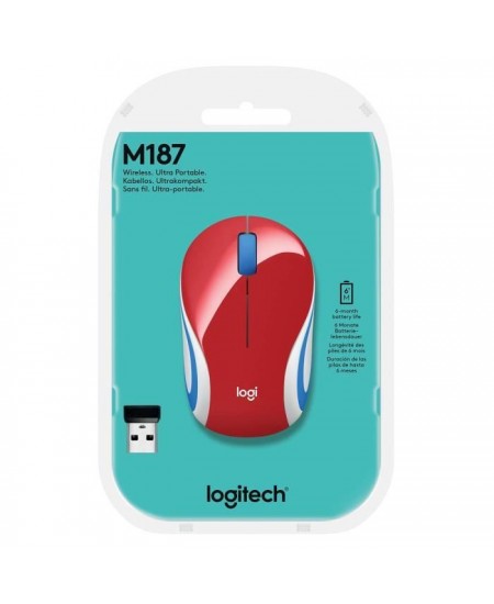 Souris mini - Sans fil - Logitech - M187 - Optique - Rouge