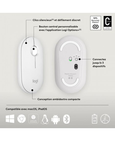 Souris - Sans fil - Logitech - Pebble Mouse 2 M350s - Blanc