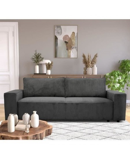 Canapé convertible 3 places JOSH - Velours côtelé Anthracite - Coffre de rangement - L 197 x P 117 x H 65 cm