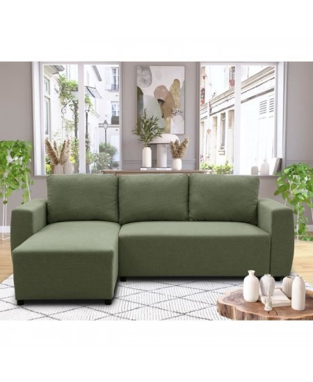 Canapé d'angle convertible réversible 3 a 4 places - PHARELL - Tissu olive - Coffre de rangement - L 224 x P 155 x H 85 cm