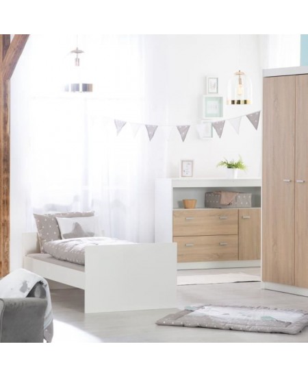 Chambre bébé duo - Lit évolutif 70 x 140 cm + Commode a langer avec plan a langer inclus - ROBA - Bicolore blanc / décor che