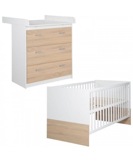 Chambre bébé duo - Lit évolutif 70 x 140 cm + Commode a langer avec plan a langer inclus - ROBA - Bicolore blanc / décor che