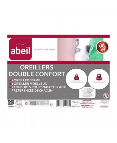 ABEIL Lot de 2 Oreillers DOUBLE CONFORT 100% Coton 60x60cm