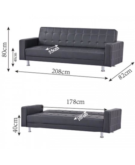 Canapé Droit Clic clac convertible 3 places IVANA - PU Noir - Style contemporain - L 208 x P 86 x H 80 cm