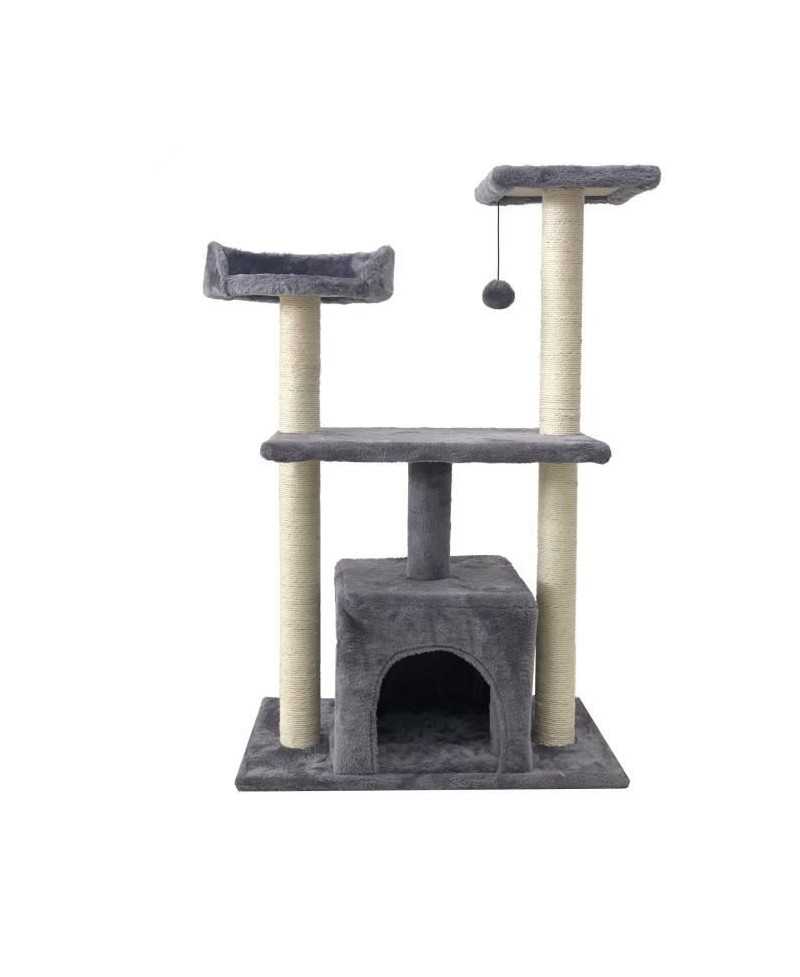 ROMY Arbre a chat gris 60 x 40 x 95cm - 3 plateformes, 1 niche poteaux a griffer