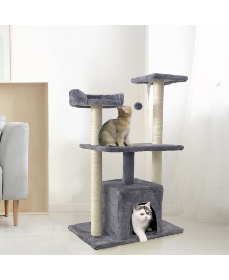 ROMY Arbre a chat gris 60 x 40 x 95cm - 3 plateformes, 1 niche poteaux a griffer