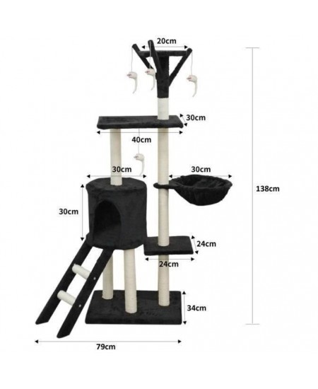 JIPSY Arbre a chat noir 79 x 34 x 138 cm - 3 plateformes, 1 perchoir, 1 niche, 1 escalier, poteaux a griffer