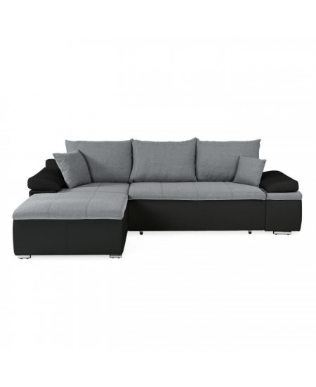 Canapé d'angle réversible convertible 3 places+Coffre - Simili noir et tissu gris - L 274 x P 184 cm - CELINA - Fabriqué en U