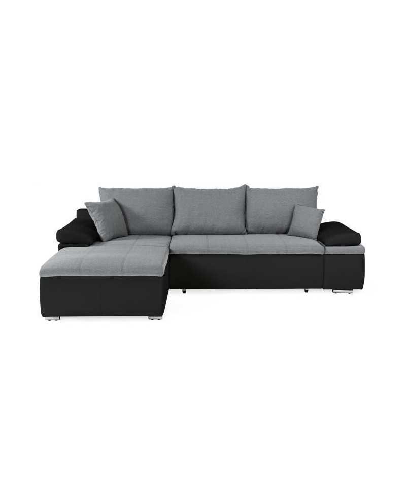 Canapé d'angle réversible convertible 3 places+Coffre - Simili noir et tissu gris - L 274 x P 184 cm - CELINA - Fabriqué en U