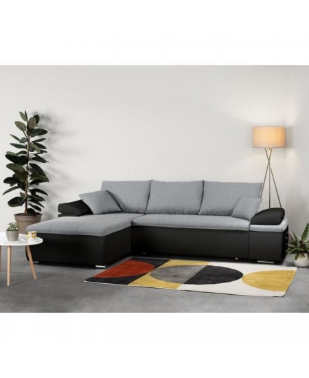 Canapé d'angle réversible convertible 3 places+Coffre - Simili noir et tissu gris - L 274 x P 184 cm - CELINA - Fabriqué en U