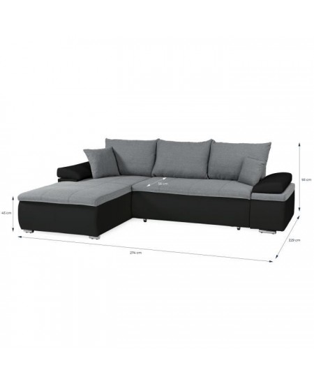 Canapé d'angle réversible convertible 3 places+Coffre - Simili noir et tissu gris - L 274 x P 184 cm - CELINA - Fabriqué en U