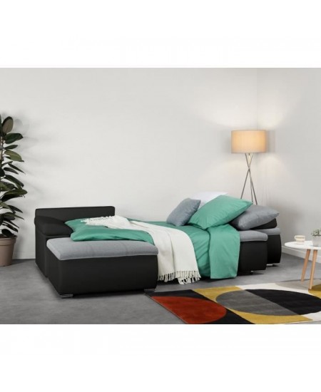 Canapé d'angle réversible convertible 3 places+Coffre - Simili noir et tissu gris - L 274 x P 184 cm - CELINA - Fabriqué en U