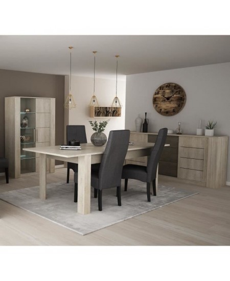 DEMEYERE Ensemble Séjour Table a manger 170 cm + Enfilade 2 portes + Vitrine 1 porte vitrée - Décor Chene/Béton clair - ANTI