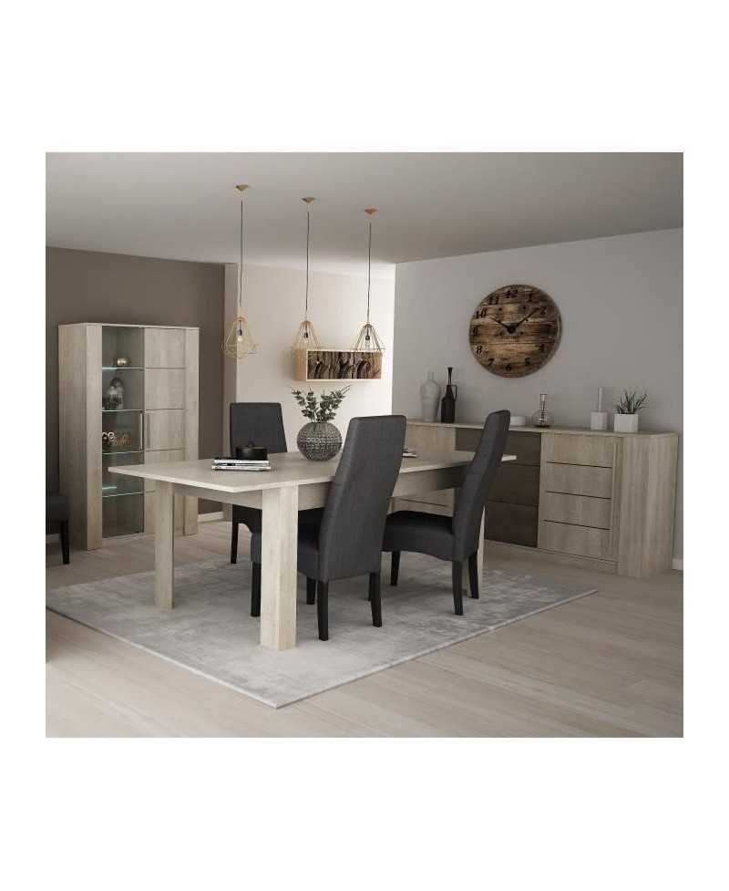 DEMEYERE Ensemble Séjour Table a manger 170 cm + Enfilade 2 portes + Vitrine 1 porte vitrée - Décor Chene/Béton clair - ANTI