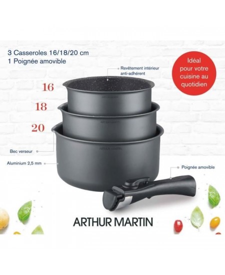 Batterie de cuisine ARTHUR MARTIN AM777GM Set de 3 casseroles - Gris Mat 16-18-20 cm + 1 poignée amovible - Tous feux dont