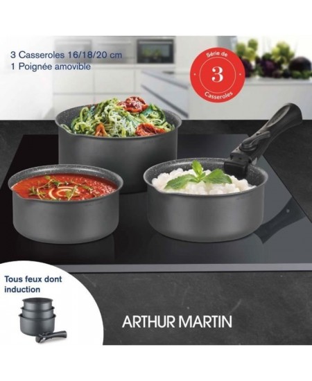 Batterie de cuisine ARTHUR MARTIN AM777GM Set de 3 casseroles - Gris Mat 16-18-20 cm + 1 poignée amovible - Tous feux dont