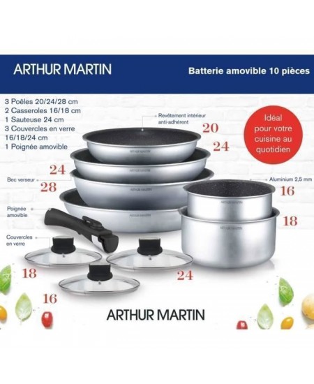 Batterie de cuisine Arthur Martin AM167S 10 pieces - Aluminium - Poignée amovible - Tous feux dont induction