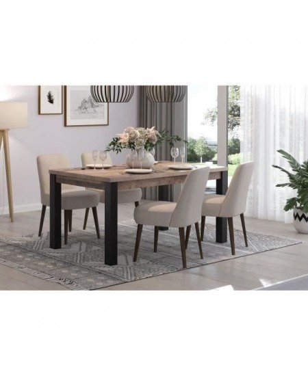 Table a manger fixe EMILE 6 personnes - Mélamine chene brun tabac et noir mat - L160 x P90 x H77 cm - TRENDTEAM