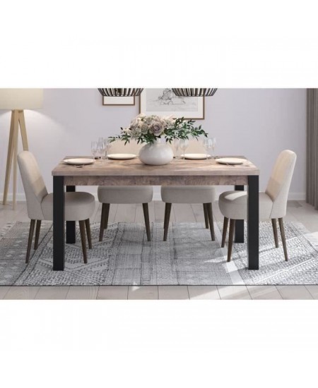 Table a manger fixe EMILE 6 personnes - Mélamine chene brun tabac et noir mat - L160 x P90 x H77 cm - TRENDTEAM