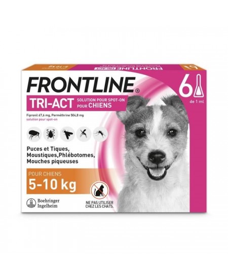 FRONTLINE Tri-Act Chiens S - 5 a 10 kg - 6 Pipettes - puces, tiques, moustiques, phlébotomes et mouches piqueuses