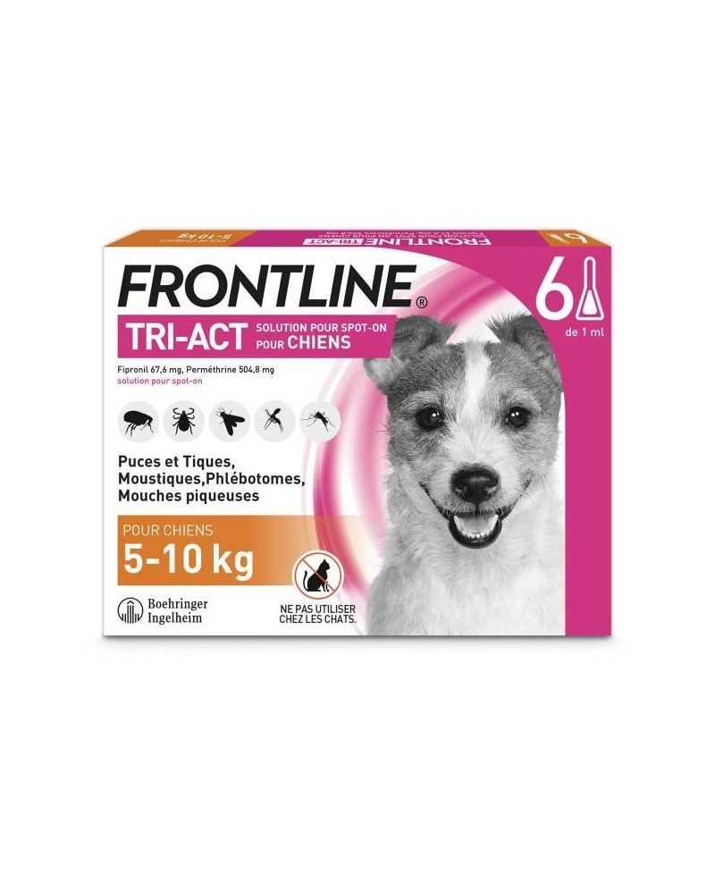 FRONTLINE Tri-Act Chiens S - 5 a 10 kg - 6 Pipettes - puces, tiques, moustiques, phlébotomes et mouches piqueuses