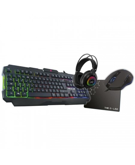 Pack Gamer 4 en 1 - The G-Lab - COMBO ACTINIUM - Souris Filaire - Clavier Filaire - Casque Sans Fil - Tapis de Souris