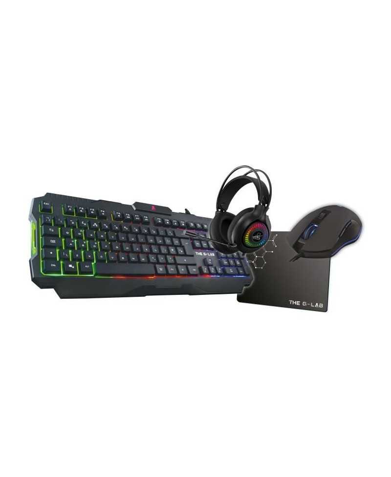 Pack Gamer 4 en 1 - The G-Lab - COMBO ACTINIUM - Souris Filaire - Clavier Filaire - Casque Sans Fil - Tapis de Souris