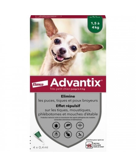 Advantix Chien Solution Antiparasitaire Puces Tiques Répulsif Mouches Moustiques Phlébotomes 1,5 a 4kg 4 pipettes