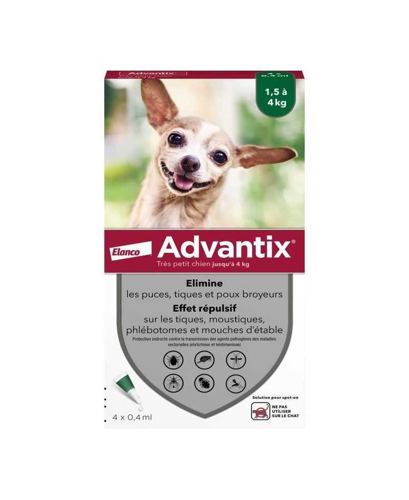 Advantix Chien Solution Antiparasitaire Puces Tiques Répulsif Mouches Moustiques Phlébotomes 1,5 a 4kg 4 pipettes