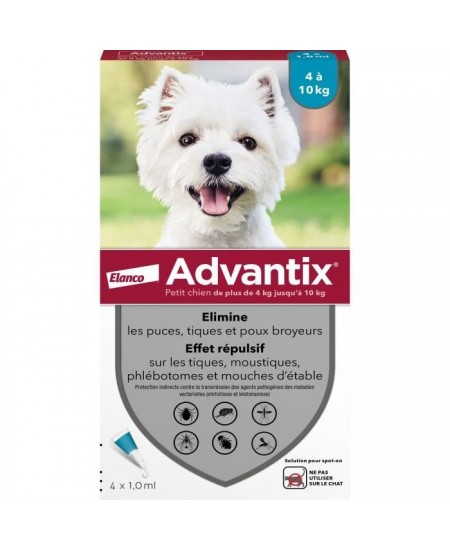 ADVANTIX Chien Solution Antiparasitaire Petite Race 4 a 10kg 4 pipettes